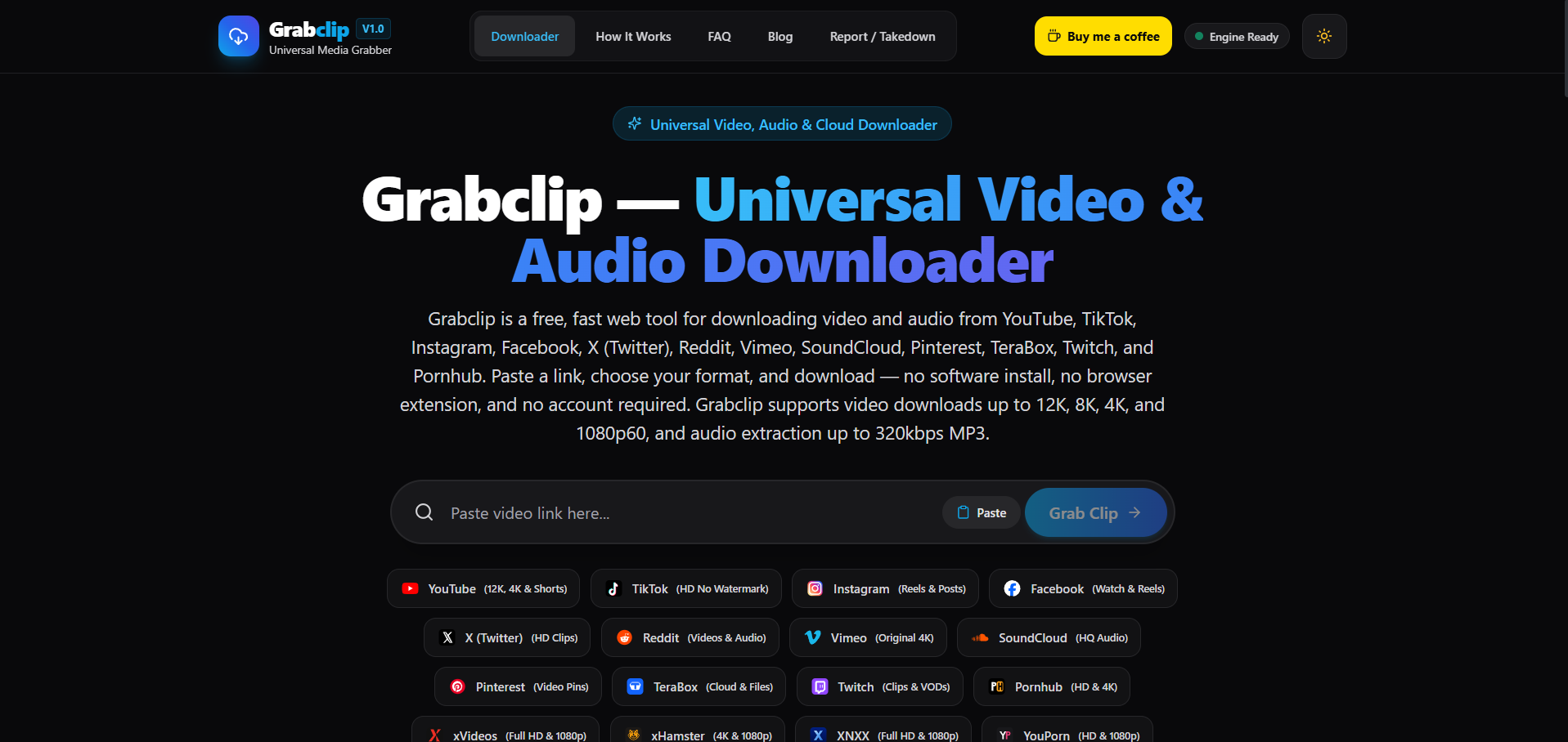 Grabclip homepage with a media link input and video and audio downloader options