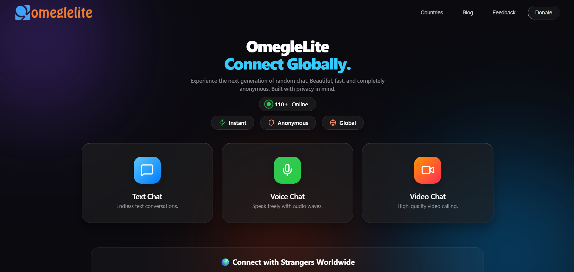 OmegleLite homepage with anonymous text, voice, and video chat options